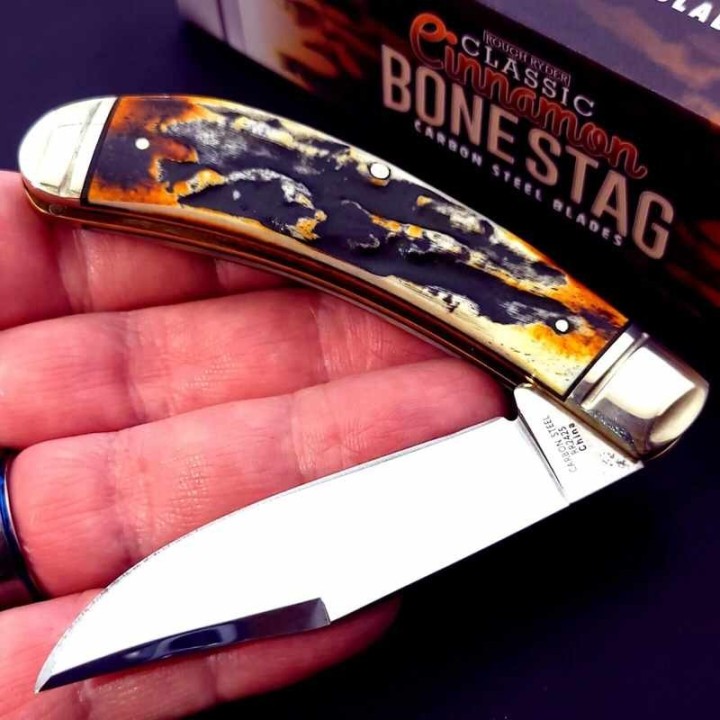 Couteau Rough Ryder Cinnamon Bone Stag Manche Os Lame Acier Carbone Cran Forcé RR2425 - Livraison Gratuite
