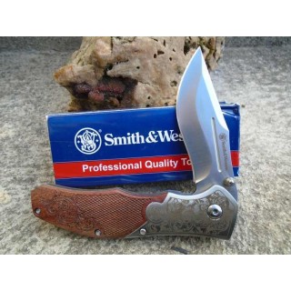 Couteau Smith&Wesson Unwavered Semi Auto Lame Acier 8Cr13MoV Manche Bois Mitres Décorées SW1193150 - Livraison Gratuite