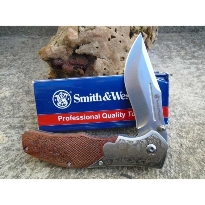 Couteau Smith&Wesson Unwavered Semi Auto Lame Acier 8Cr13MoV Manche Bois Mitres Décorées SW1193150 - Livraison Gratuite