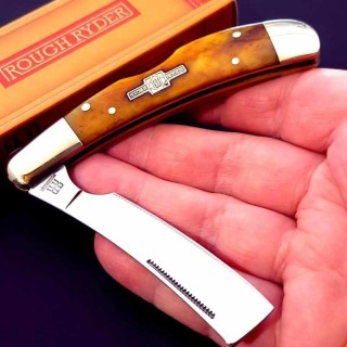 Couteau Rasoir Rough Ryder Amber Smooth Bone Manche Os Lame Acier 440 Lockback RR2003 - Livraison Gratuite