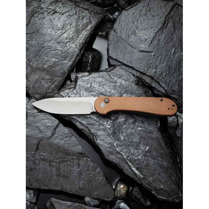 Couteau CIVIVI Elementum Button Lock Brown Manche Micarta Lame Acier 14C28N IKBS Clip CIVC2103D - Livraison Gratuite