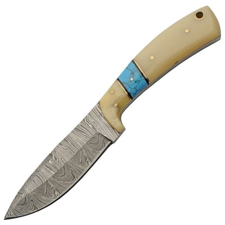 Couteau De Chasse Lame Damas 256 Couches Manche Os & Turquoise Etui Cuir DM1359 - Livraison Gratuite