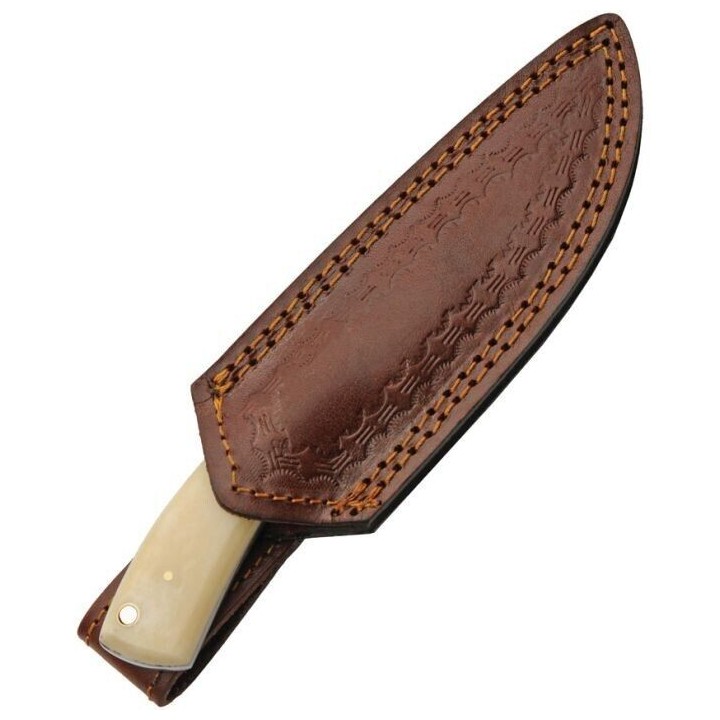 Couteau De Chasse Lame Damas 256 Couches Manche Os & Turquoise Etui Cuir DM1359 - Livraison Gratuite