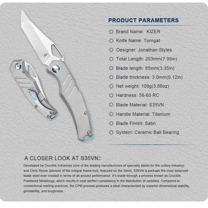 Couteau Kizer Torngat Titanium Lame Tanto Acier S35VN Manche Titane Framelock Clip KI3625A1 - Livraison Gratuite