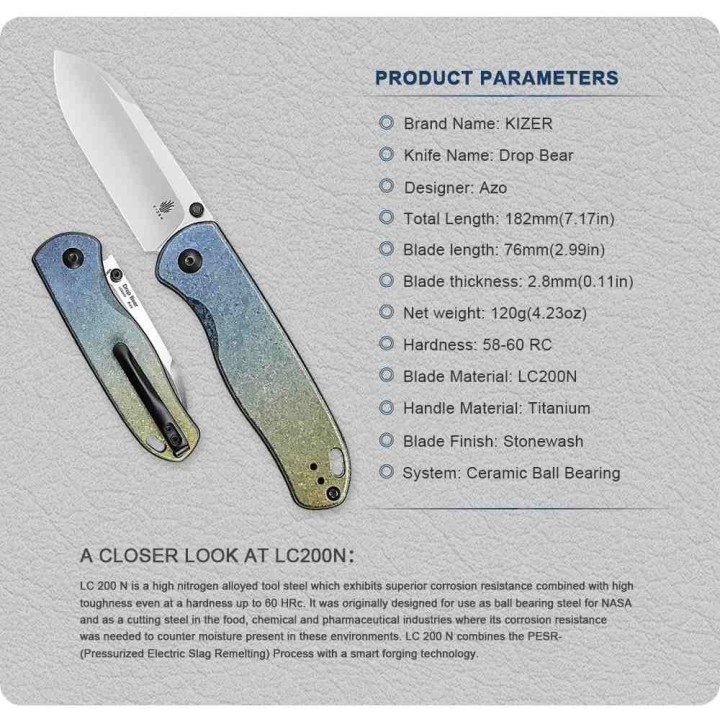 Couteau Kizer Drop Bear Lame Acier LC200N Manche Titane IKBS Clutch Lock Clip KI3619A3 - Livraison Gratuite