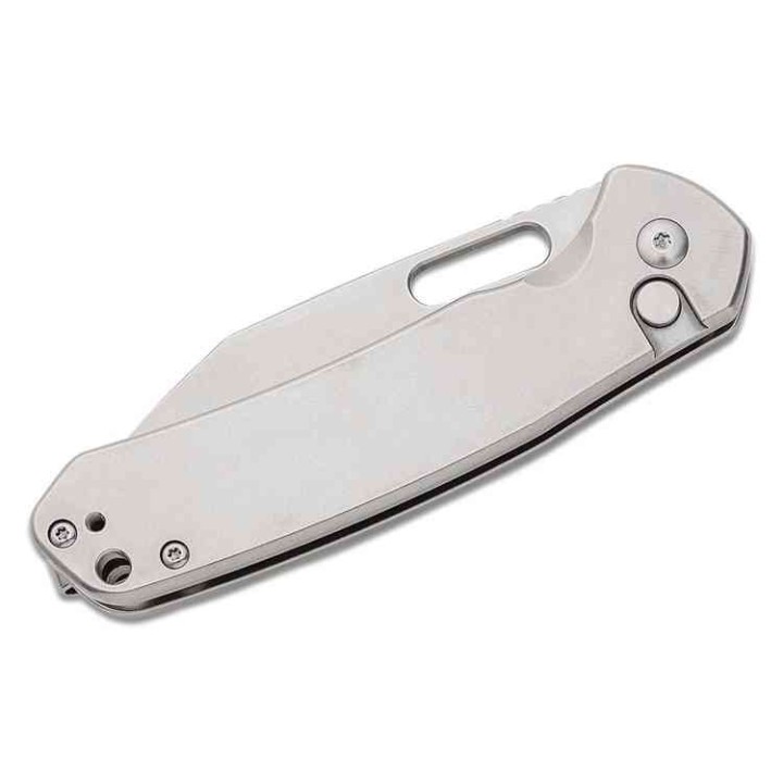 Couteau CJRB Pyrite Wharncliffe Lame Acier AR-RPM9 Satin Manche Acier Button Lock IKBS Clip J1925AST - Livraison Gratuite