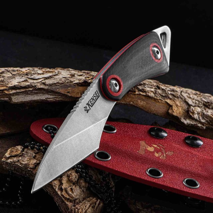 Couteau de Cou Kensei Kiridashi Lame Acier 3Cr13 Manche Black/Red G10 Etui Kydex KE010 - Livraison Gratuite