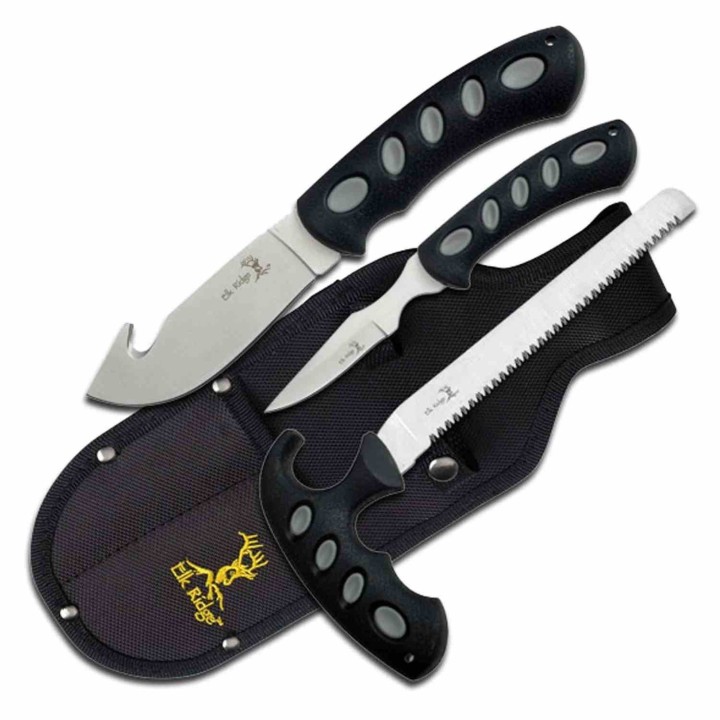 Set de 3 Couteaux de Chasse Elk Ridge Hunting Set Lames Acier 3Cr13 Manche Abs Etui Nylon ER252 - Livraison Gratuite