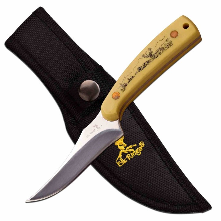 Lot de 2 Couteau Elk Ridge Skinner Lame Acier 3Cr13 Manche Avec Décor Etui Nylon ER299IV - Livraison Gratuite