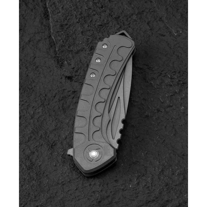 BTKT2203A Bestech Buwaya Gray SW Titanium Handle M390 Drop Point Blade Framelock Clip - Livraison Gratuite
