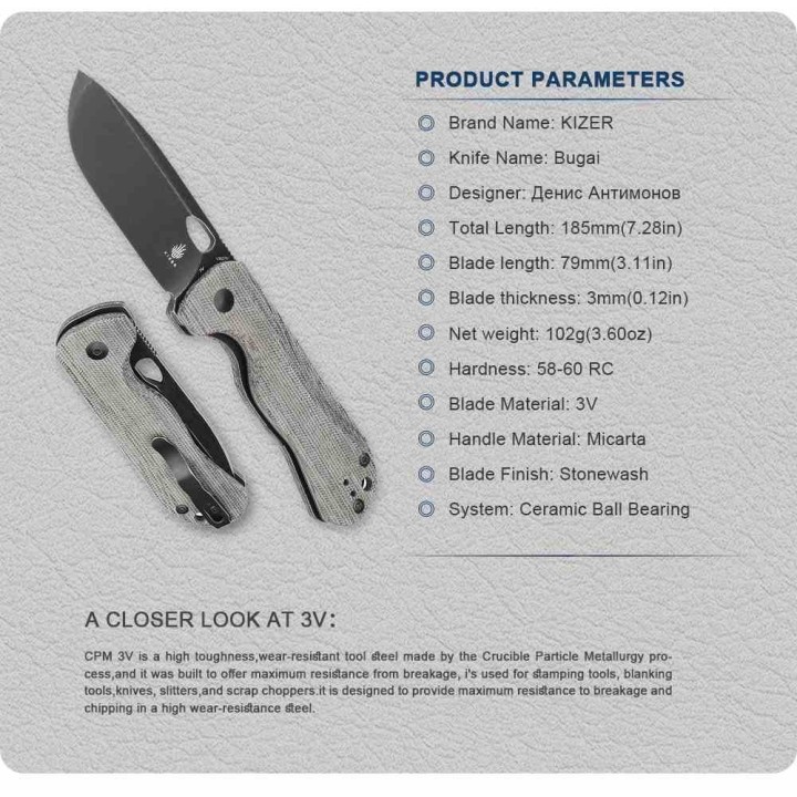 Couteau Kizer Cutlery Bugai Lame Acier CPM-3V Black Drop Point Manche Micarta IKBS Linerlock CLip KIV3627A1 - Livraison Gratuite
