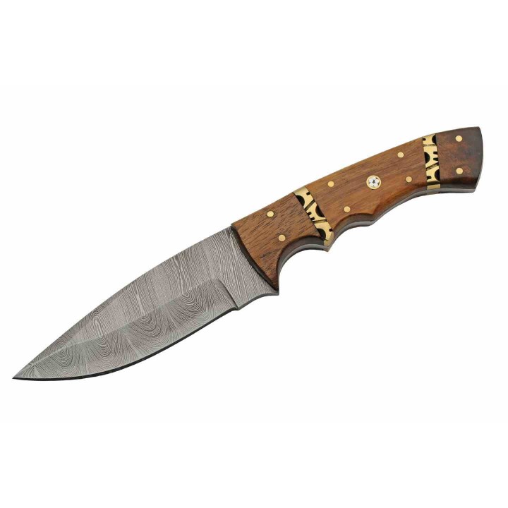 Couteau de Chasse Damas Rodeo Hunter Lame 256 Couches Manche Bois Etui Cuir DM1365 - Livraison Gratuite