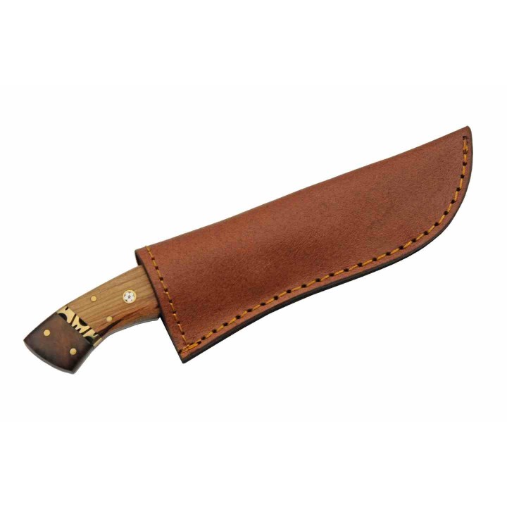 Couteau de Chasse Damas Rodeo Hunter Lame 256 Couches Manche Bois Etui Cuir DM1365 - Livraison Gratuite