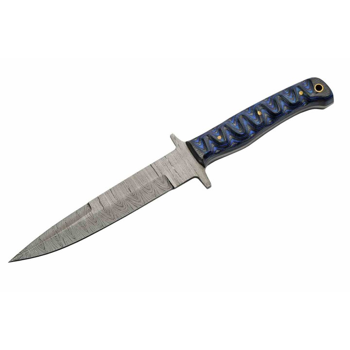 Couteau De Chasse Pig Stricker Blue Lame Damas 256 Couches Manche Bois Etui Cuir DM1367BL - Livraison Gratuite