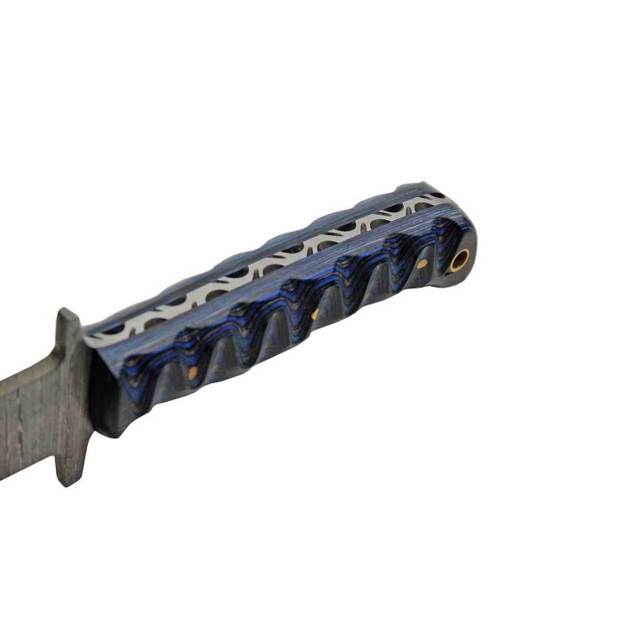Couteau De Chasse Pig Stricker Blue Lame Damas 256 Couches Manche Bois Etui Cuir DM1367BL - Livraison Gratuite