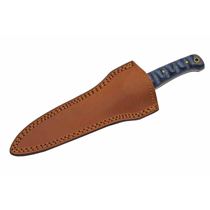 Couteau De Chasse Pig Stricker Blue Lame Damas 256 Couches Manche Bois Etui Cuir DM1367BL - Livraison Gratuite