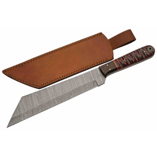 Couteau Damas Viking Seax Lame 256 Couches Manche Bois Red Etui Cuir DM1368RD - Livraison Gratuite