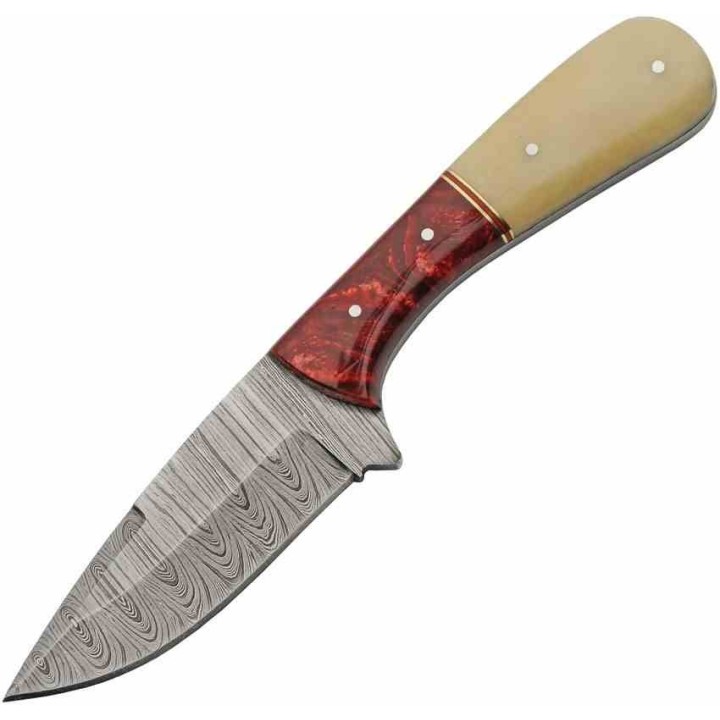 Couteau Damas Skinner Manche Os de Chameau/Résine Lame 256 Couches Etui Cuir DM1370RD - Livraison Gratuite