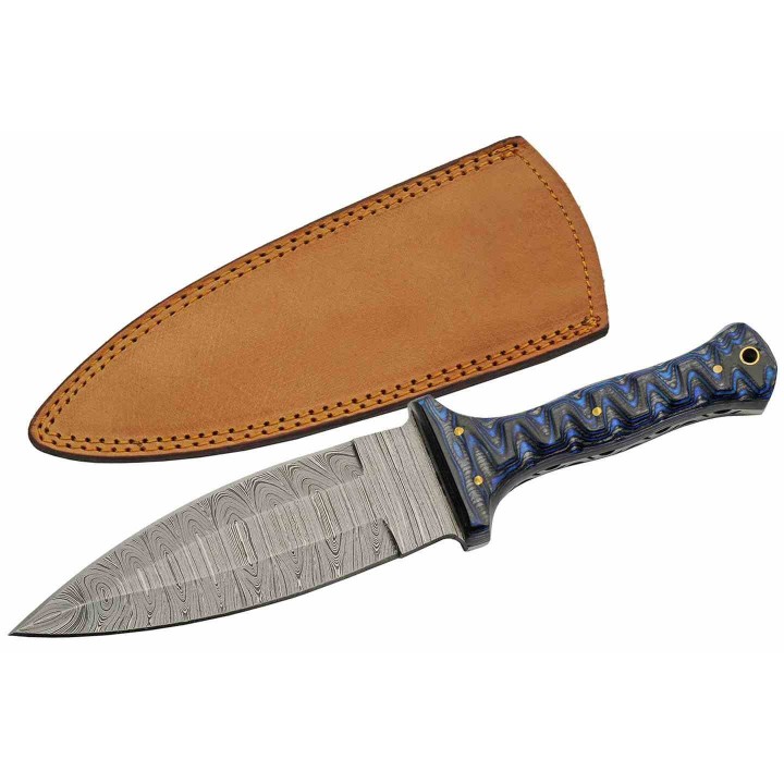 Couteau Dague Bleu Lame Damas 256 Couches Manche Bois Etui Cuir DM1371BL - Livraison Gratuite 