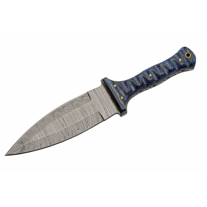 Couteau Dague Bleu Lame Damas 256 Couches Manche Bois Etui Cuir DM1371BL - Livraison Gratuite 