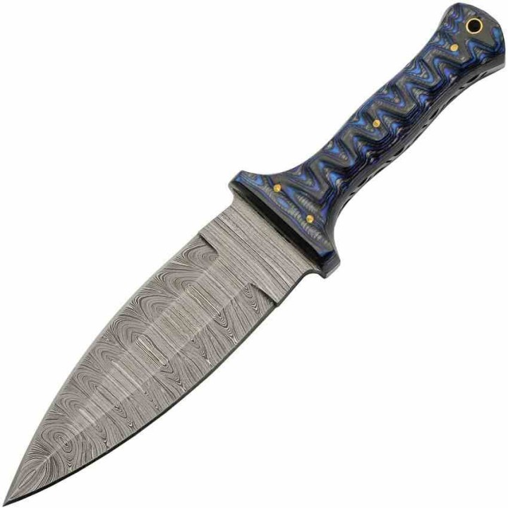 Couteau Dague Bleu Lame Damas 256 Couches Manche Bois Etui Cuir DM1371BL - Livraison Gratuite 