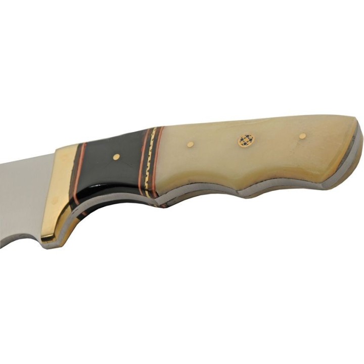 Couteau De Chasse Skinner Manche Buffalo Bone Lame Acier Inox Etui Cuir PA203452BO - Livraison Gratuite