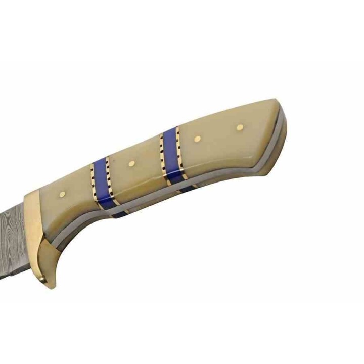 Couteau de Chasse Skinner Admirals Blue Lame Damas 256 Couches Manche Os Etui Cuir DM1372 - Livraison Gratuite