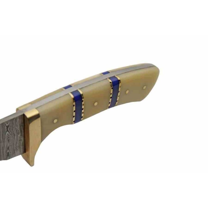 Couteau de Chasse Skinner Admirals Blue Lame Damas 256 Couches Manche Os Etui Cuir DM1372 - Livraison Gratuite