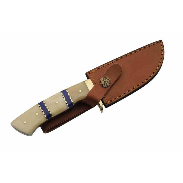 Couteau de Chasse Skinner Admirals Blue Lame Damas 256 Couches Manche Os Etui Cuir DM1372 - Livraison Gratuite