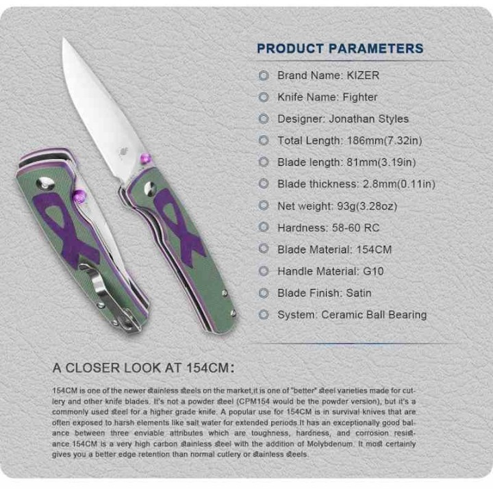 Couteau Kizer Fighter Green 154CM Clip Point Manche Cancer G10 IKBS Linerlock Clip KIV3633C1 - Livraison Gratuite