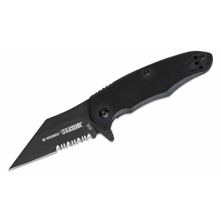 Couteau BLACKHAWK Be-Wharned A/O Black Lame Acier D2 Combo Wharncliffe Manche G10 Clip BH15BW211BK - Livraison Gratuite