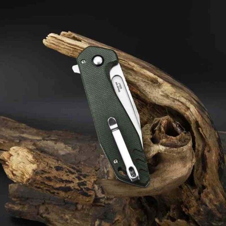 Couteau CJRB Cutlery Riff Green Lame Acier AR-RPM9 SW Manche Micarta IKBS Button Lock Clip J1928MGN - Livraison Gratuite