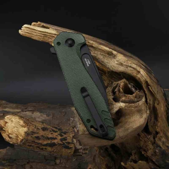 Couteau CJRB Cutlery Riff Green Lame Acier AR-RPM9 BLK Manche Micarta IKBS Button Lock Clip J1928BMGN - Livraison Gratuite