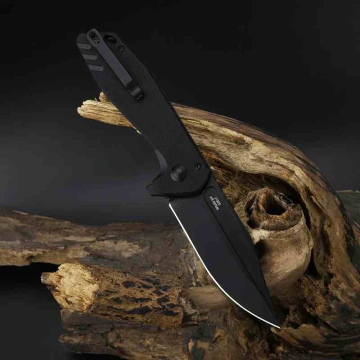 Couteau CJRB Cutlery Riff Black Lame Acier AR-RPM9 BLK Manche G10 IKBS Button Lock Clip J1928BBK - Livraison Gratuite