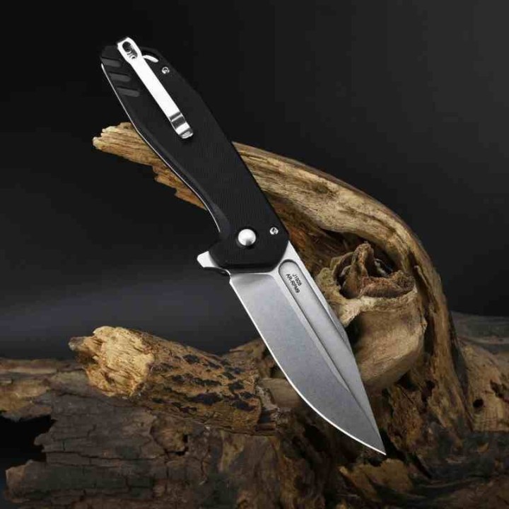 Couteau CJRB Cutlery Riff Black Lame Acier AR-RPM9 SW Manche G10 IKBS Button Lock Clip J1928BK - Livraison Gratuite