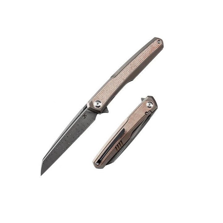 Couteau Kansept Arcus Bronze Manche Titane/Micarta Lame Acier Damas IKBS Framelock Clip K1046D1 - Livraison Gratuite