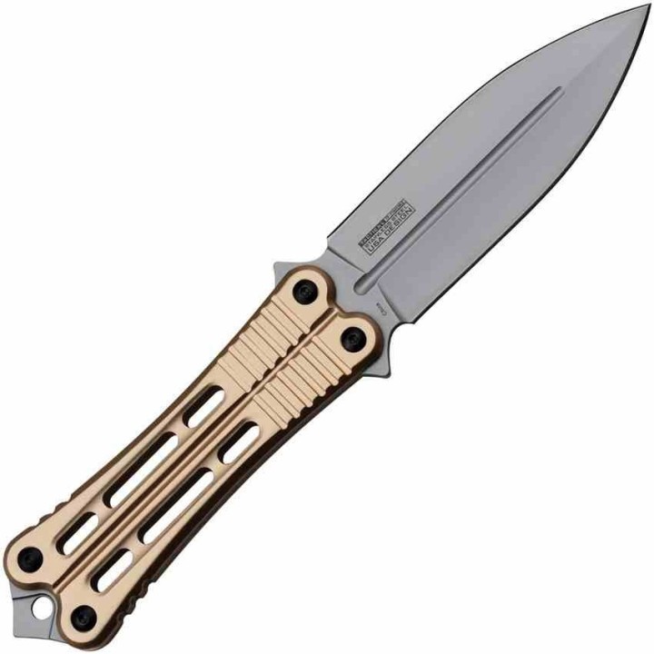 Couteau Papillon Fixe Bronze Lame Acier 3Cr13 Manche Aluminium Etui Plastique TFFIX023BZ - Livraison Gratuite
