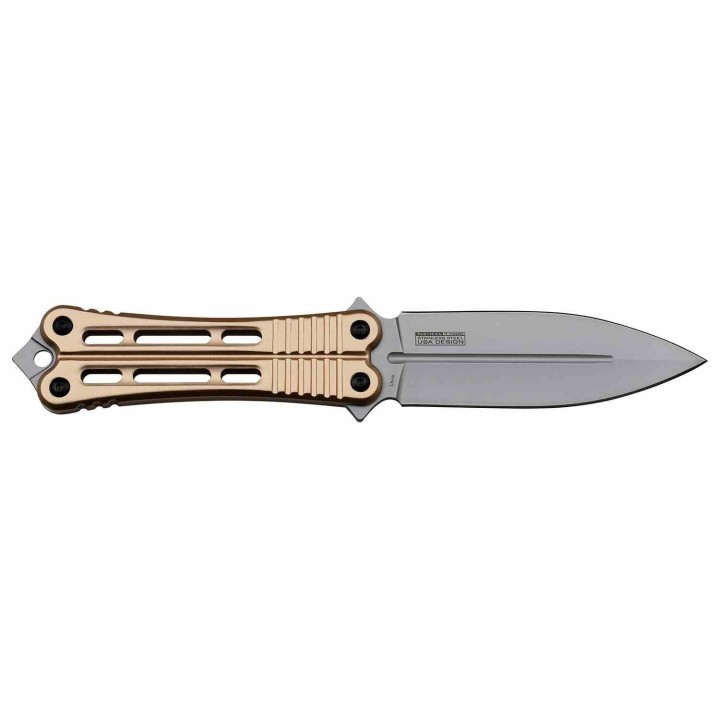Couteau Papillon Fixe Bronze Lame Acier 3Cr13 Manche Aluminium Etui Plastique TFFIX023BZ - Livraison Gratuite