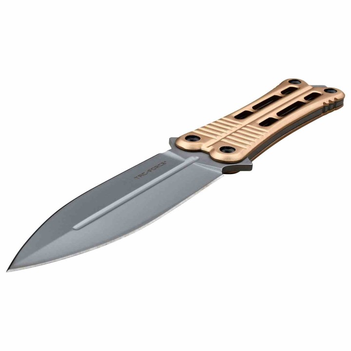 Couteau Papillon Fixe Bronze Lame Acier 3Cr13 Manche Aluminium Etui Plastique TFFIX023BZ - Livraison Gratuite