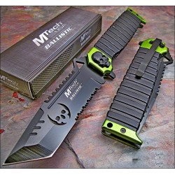 Couteau Mtech Skull Tanto Lame Acier 440 Serr A/O Manche Alu Tête de Mort MTA820GN - Livraison Gratuite