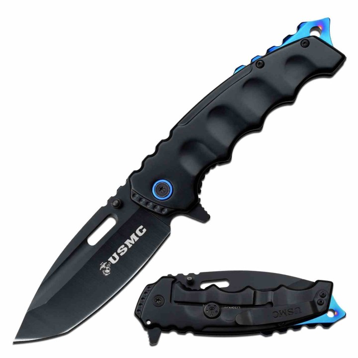 Lot de 2 Couteau USMC A/O Blue Lame Tanto Acier 3Cr13 Manche Métal Framelock Clip USMA1066BBK - Livraison Gratuite