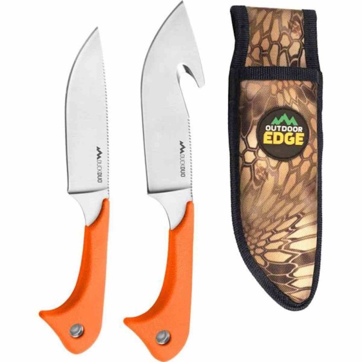 Set de 2 Couteaux Outdoor Edge Duck Duo Lame Acier 8Cr14MoV Manche TPR Etui Camo OEDD20C - Livraison Gratuite