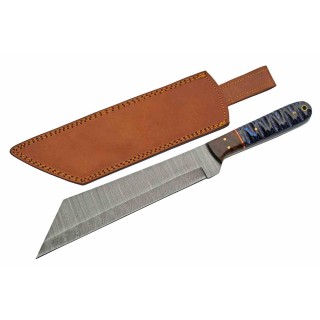 Couteau Damas Viking Seax Lame 256 Couches Manche Bois Blue Etui Cuir DM1368BL - Livraison Gratuite
