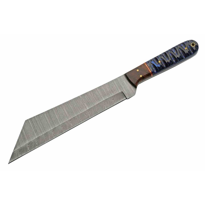 Couteau Damas Viking Seax Lame 256 Couches Manche Bois Blue Etui Cuir DM1368BL - Livraison Gratuite