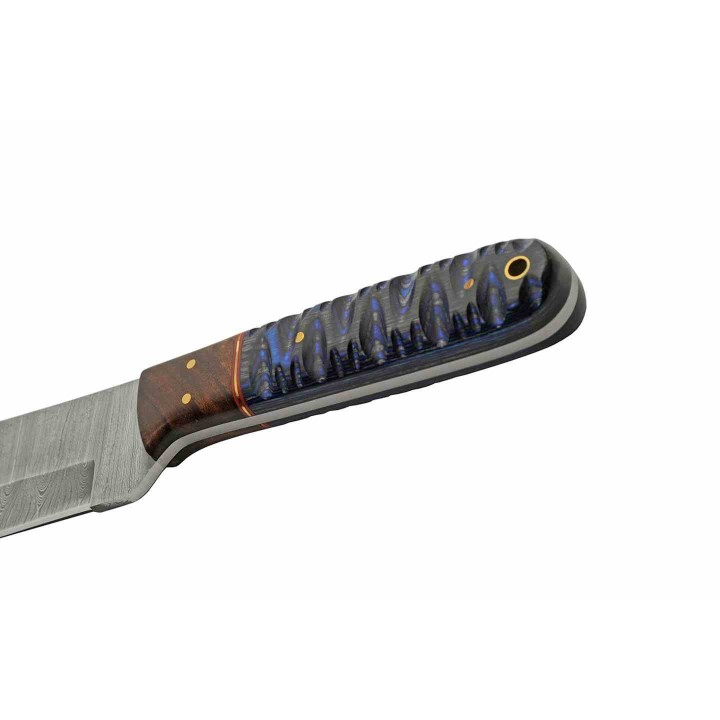 Couteau Damas Viking Seax Lame 256 Couches Manche Bois Blue Etui Cuir DM1368BL - Livraison Gratuite