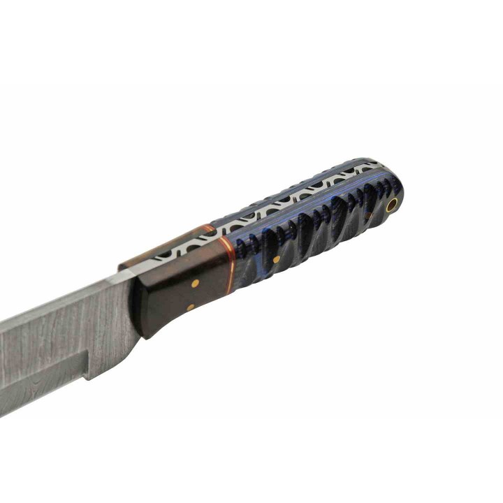 Couteau Damas Viking Seax Lame 256 Couches Manche Bois Blue Etui Cuir DM1368BL - Livraison Gratuite
