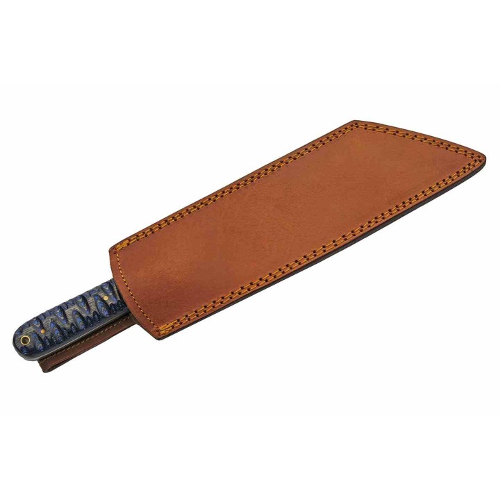 Couteau Damas Viking Seax Lame 256 Couches Manche Bois Blue Etui Cuir DM1368BL - Livraison Gratuite