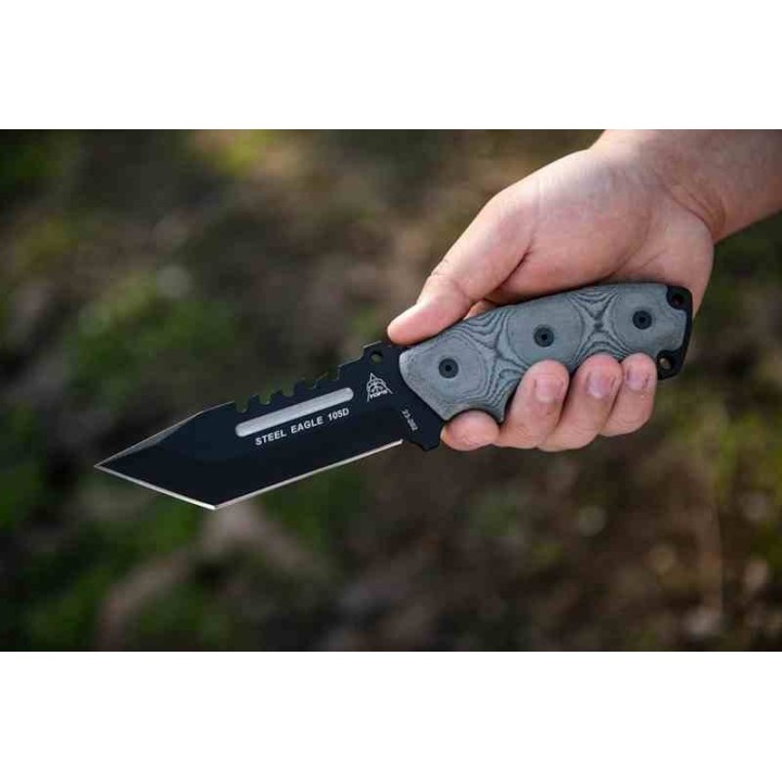 Couteau Tops Steel Eagle Tanto Saw Lame Acier Carbone 1095 Manche Micarta Etui Kydex Made USA TPSE105D - Livraison Gratuite
