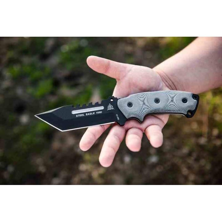 Couteau Tops Steel Eagle Tanto Saw Lame Acier Carbone 1095 Manche Micarta Etui Kydex Made USA TPSE105D - Livraison Gratuite