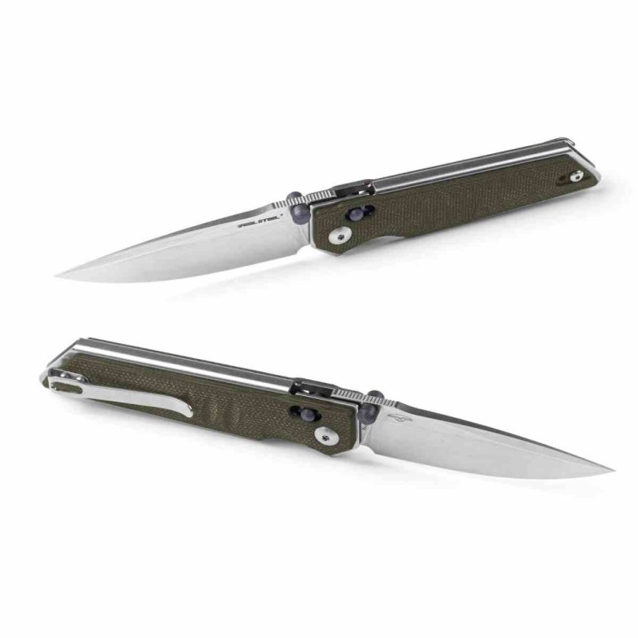 Couteau Real Steel Sacra Green Lame Acier K110 Stonewash Manche Micarta Slider Clip RS7711G - Livraison Gratuite